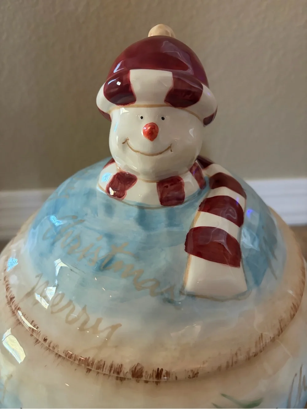 Christmas Holiday Snowman Ceramic Cookie Jar and Candy Bowl Set - LIKE NEW